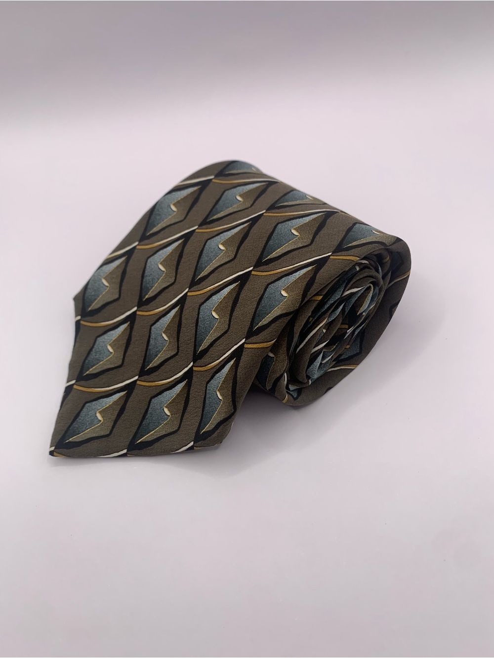 Studio Z Olive Tie with Blue and Gold Geometric Motif